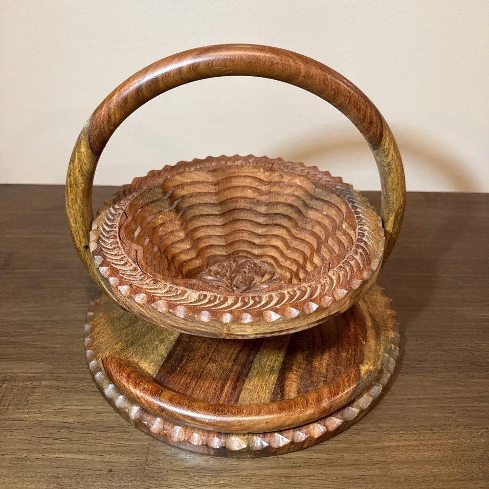 Vintage Hand Carved Wood Collapsible Spiral Basket Floral Folding Trivet Cottage